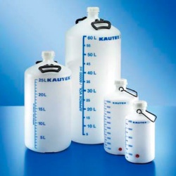 Бутыль Kautex толстостенная 25 л, HDPE, круглая, с синей градуировкой, Ø 50 мм, естественный цвет, с ручками и крышкой, без резьбового соединения