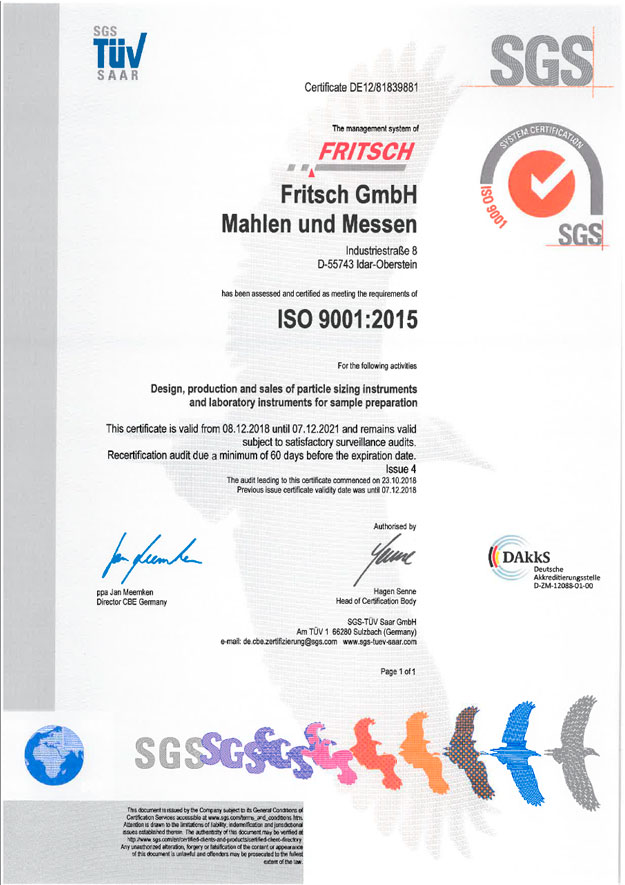 Сертификат Fritsch ISO 9001:2015 Сертификат Fritsch ISO 9001:2015