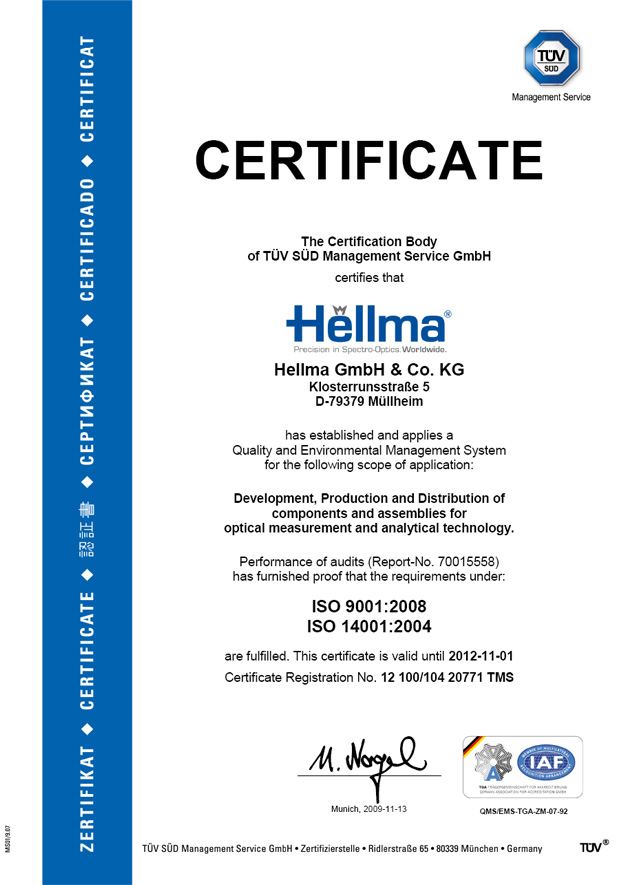 Сертификат Hellma ISO 9001:2008 Сертификат Hellma ISO 9001:2008